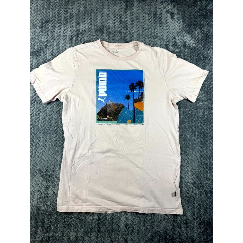 Puma Forever‎ Fast T-Shirt Mens Small Beige Knit Cotton Scenic Front Photoprint
